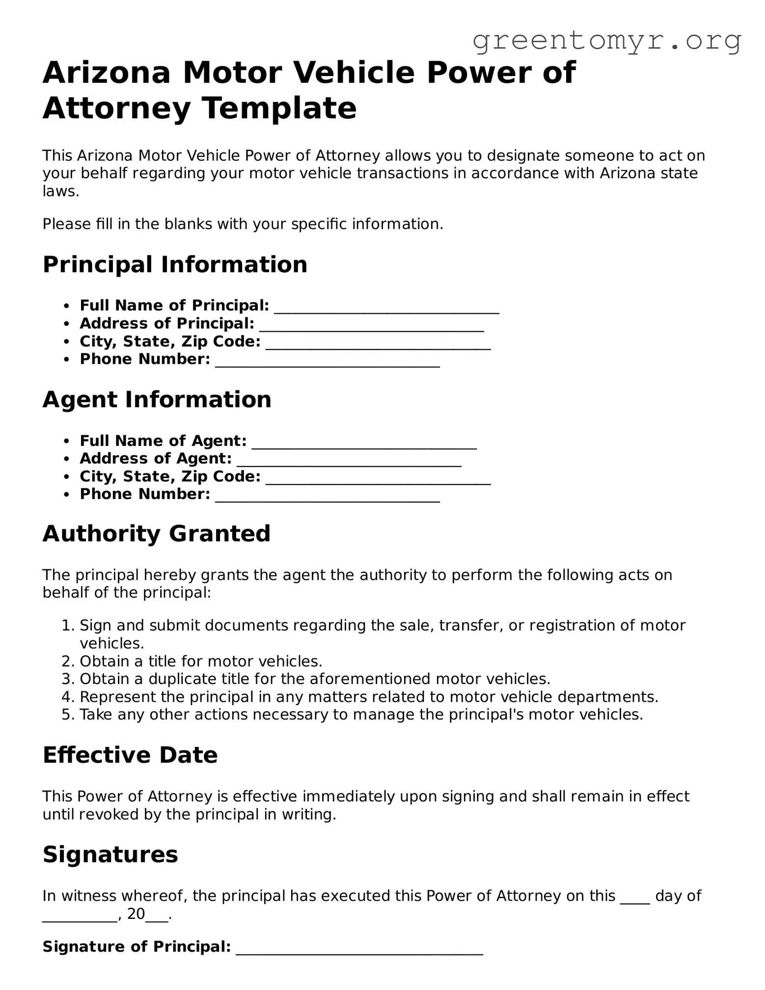 Motor Vehicle Power of Attorney Form for the State of Arizona