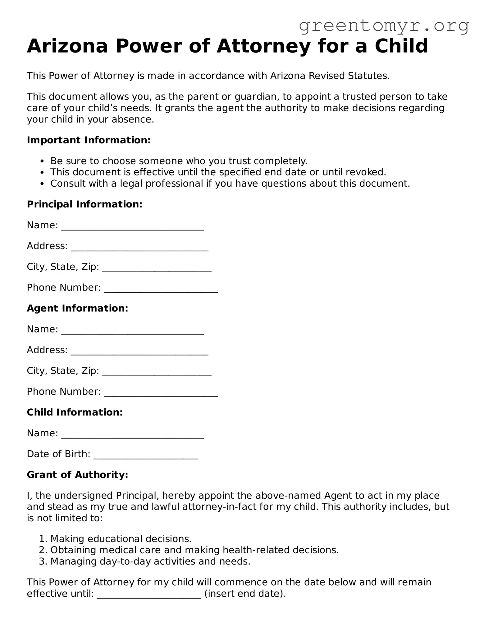 Power of Attorney for a Child Form for the State of Arizona