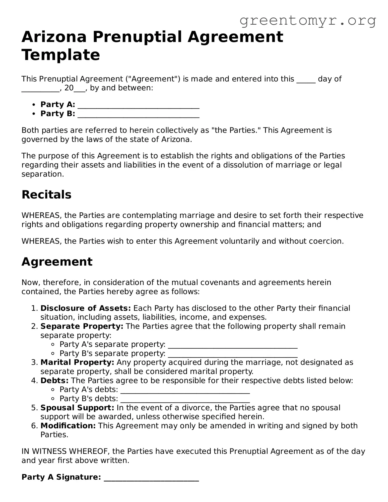 Prenuptial Agreement Form for the State of Arizona