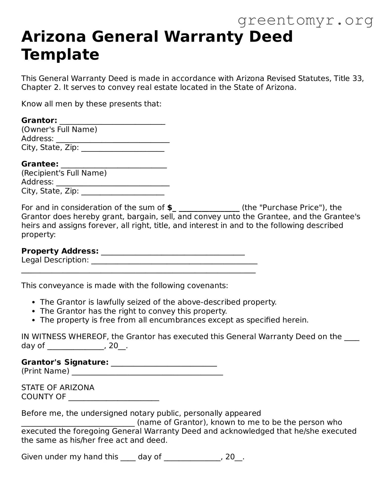 Deed Form for the State of Arizona