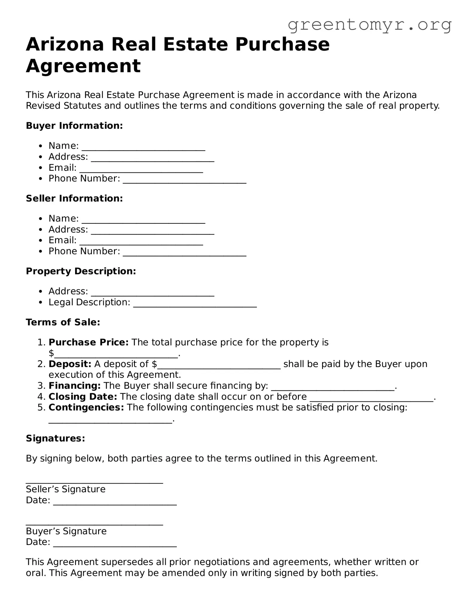 Real Estate Purchase Agreement Form for the State of Arizona