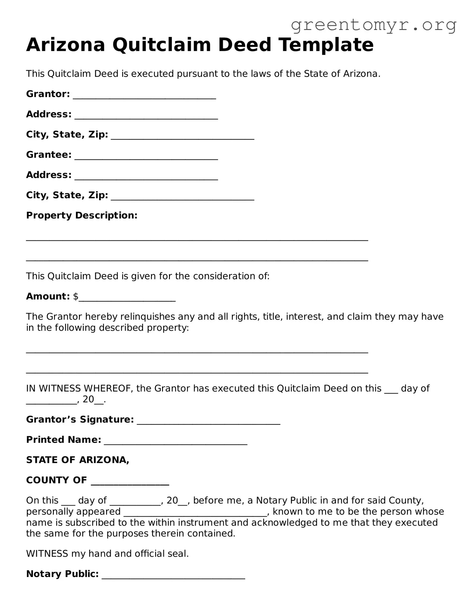 Quitclaim Deed Form for the State of Arizona
