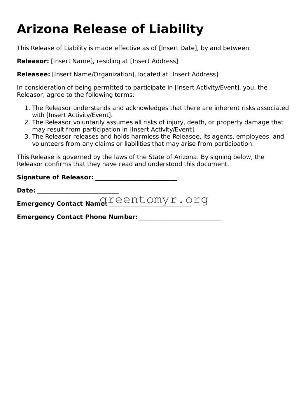 Release of Liability Form for the State of Arizona
