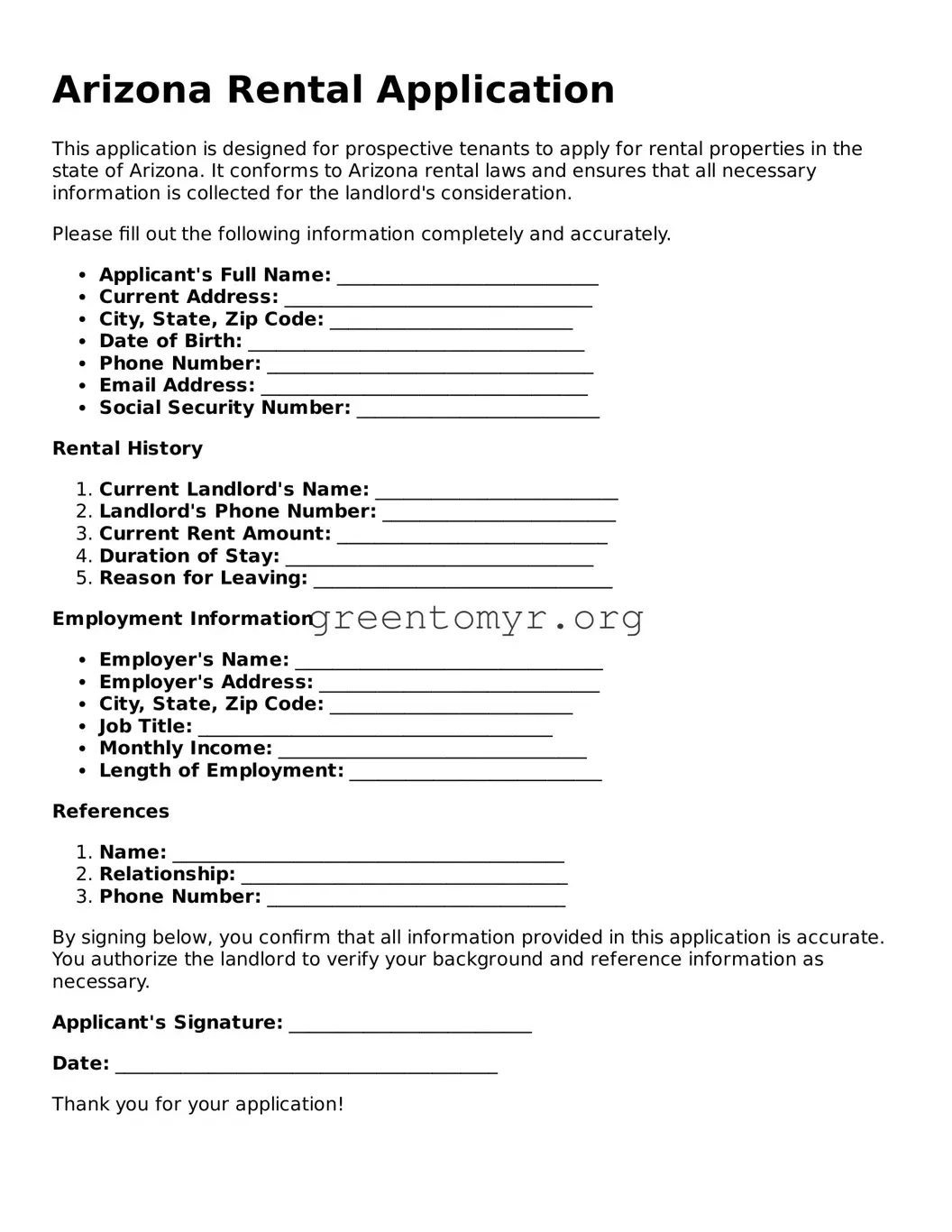 Rental Application Form for the State of Arizona