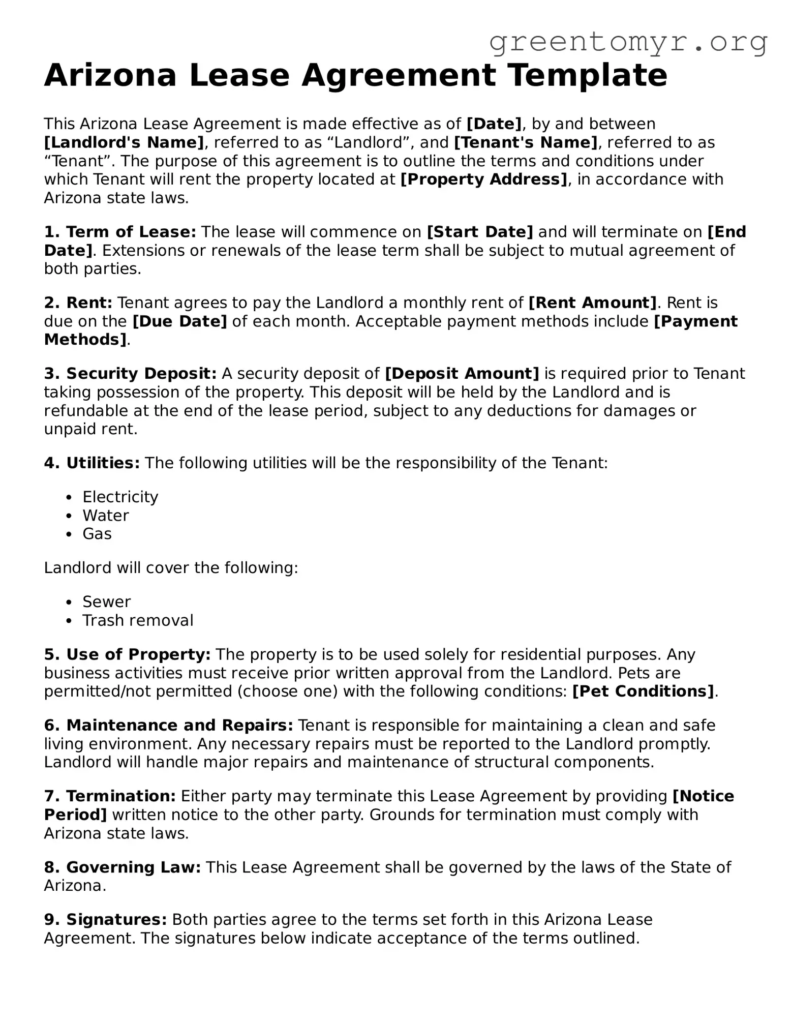 Lease Agreement Form for the State of Arizona