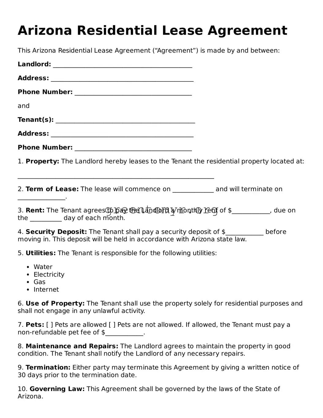 Residential Lease Agreement Form for the State of Arizona