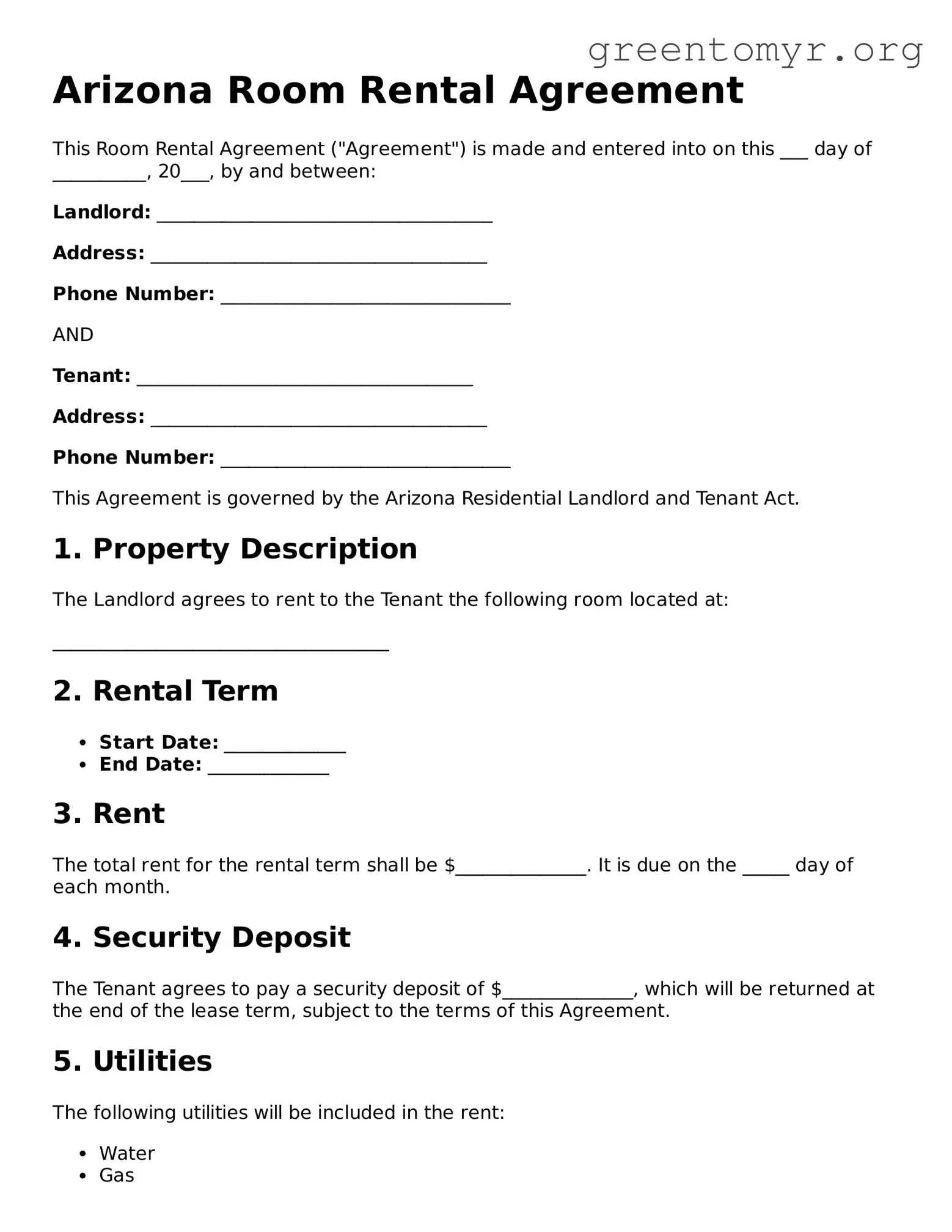 Room Rental Agreement Form for the State of Arizona