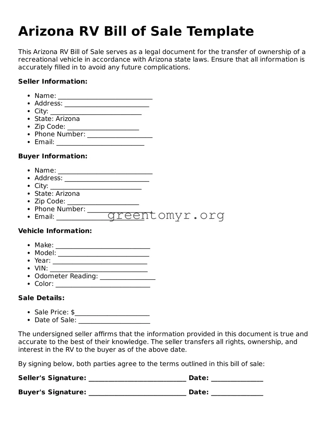 RV Bill of Sale Form for the State of Arizona