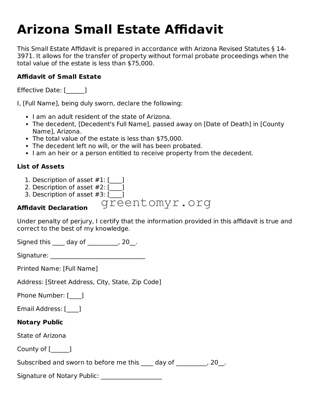Small Estate Affidavit Form for the State of Arizona