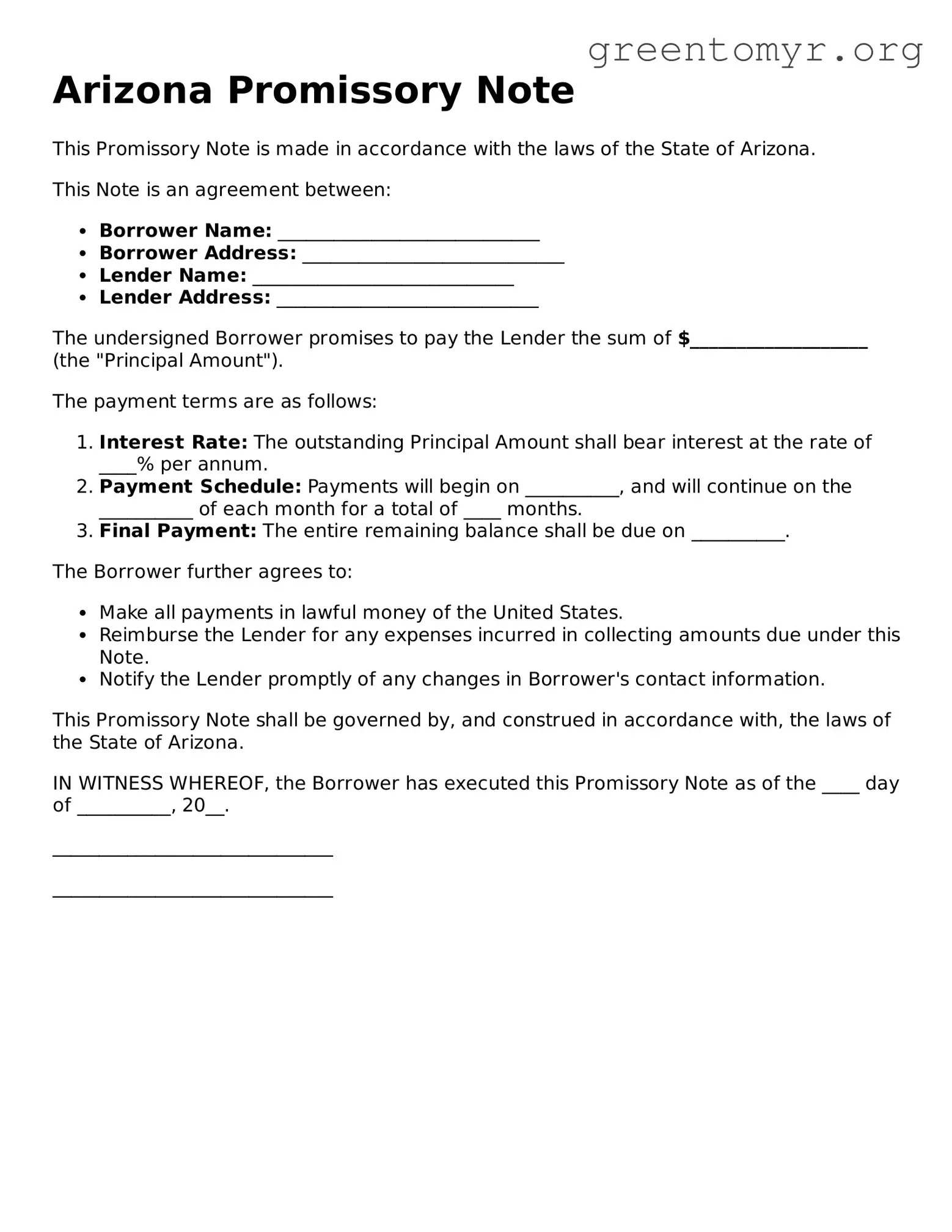 Promissory Note Form for the State of Arizona