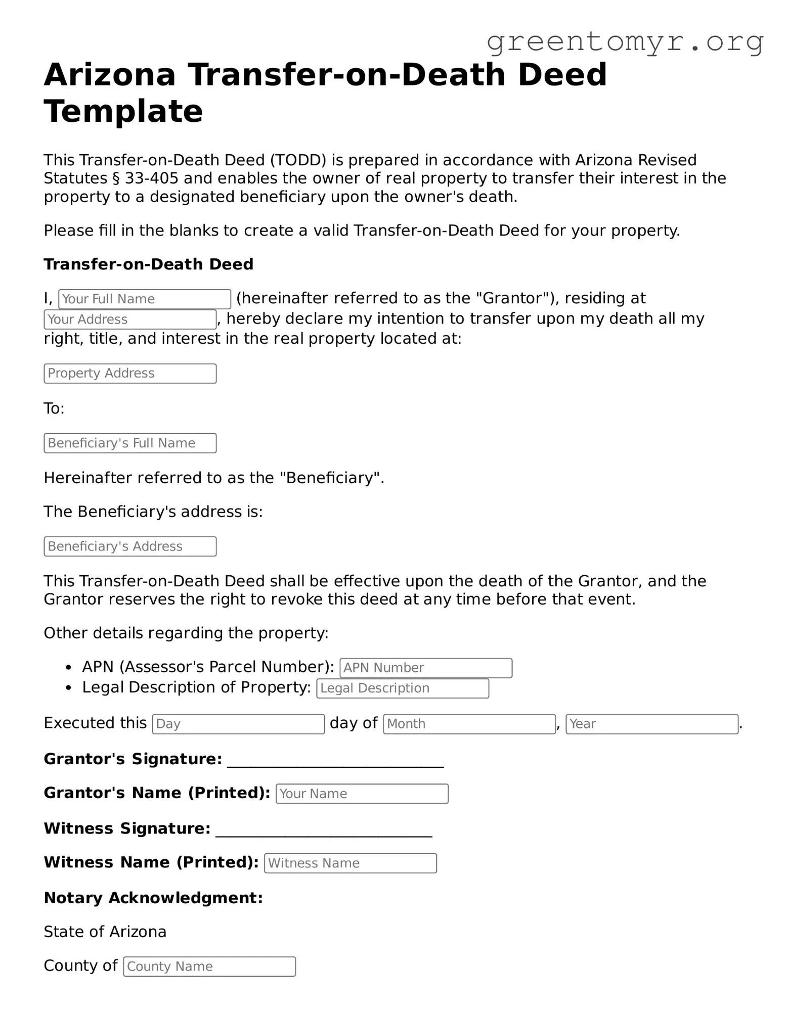 Transfer-on-Death Deed Form for the State of Arizona