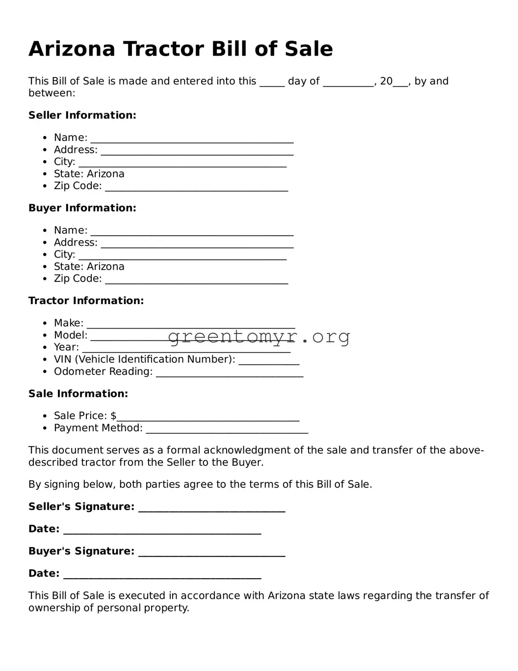 Tractor Bill of Sale Form for the State of Arizona