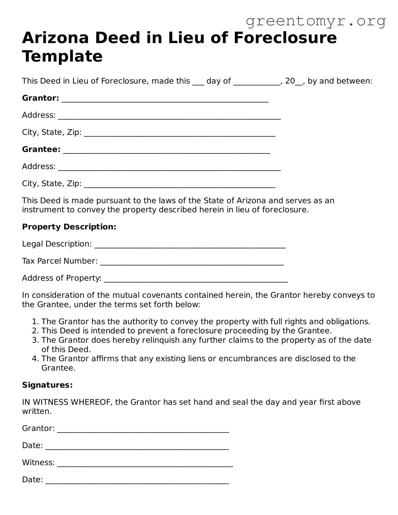 Deed in Lieu of Foreclosure Form for the State of Arizona