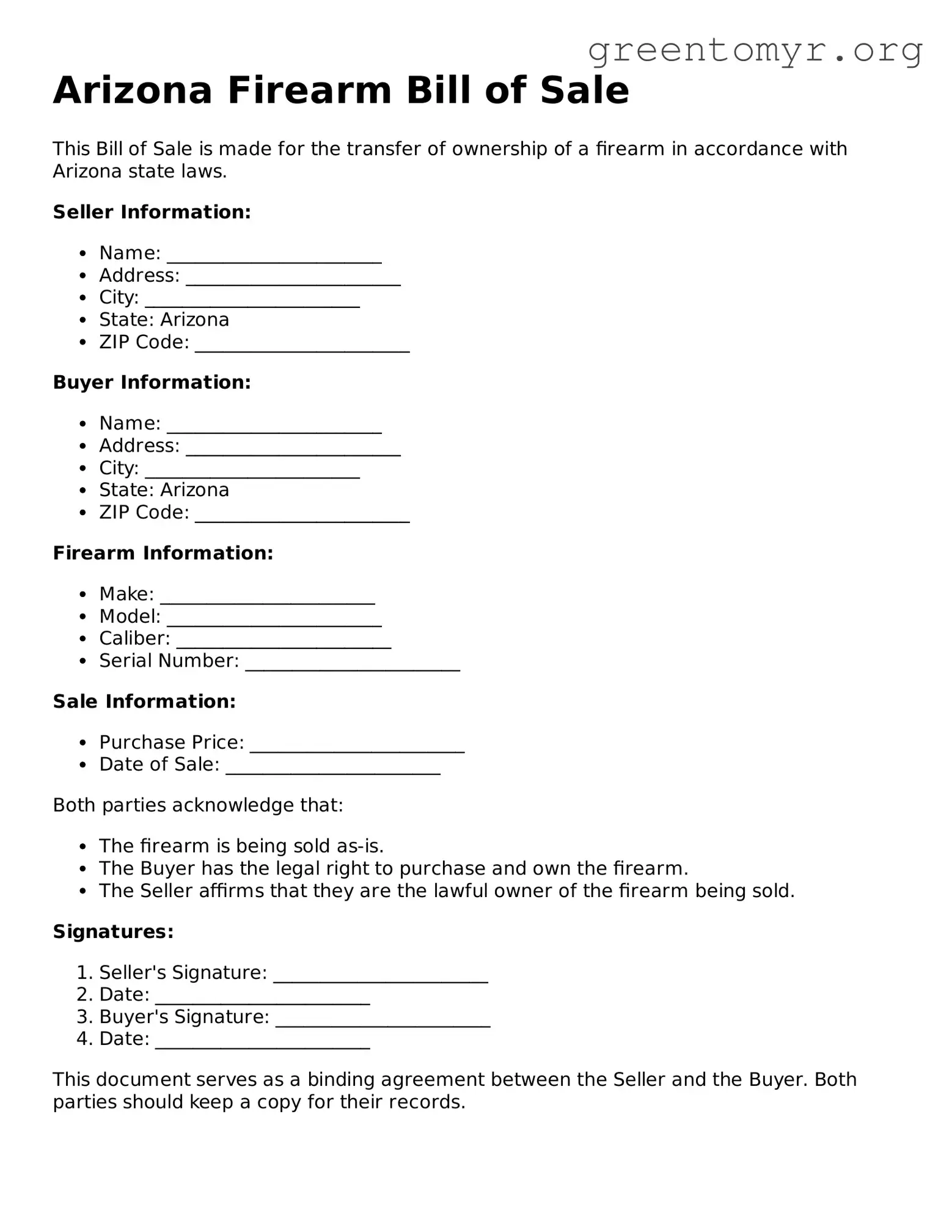 Firearm Bill of Sale Form for the State of Arizona