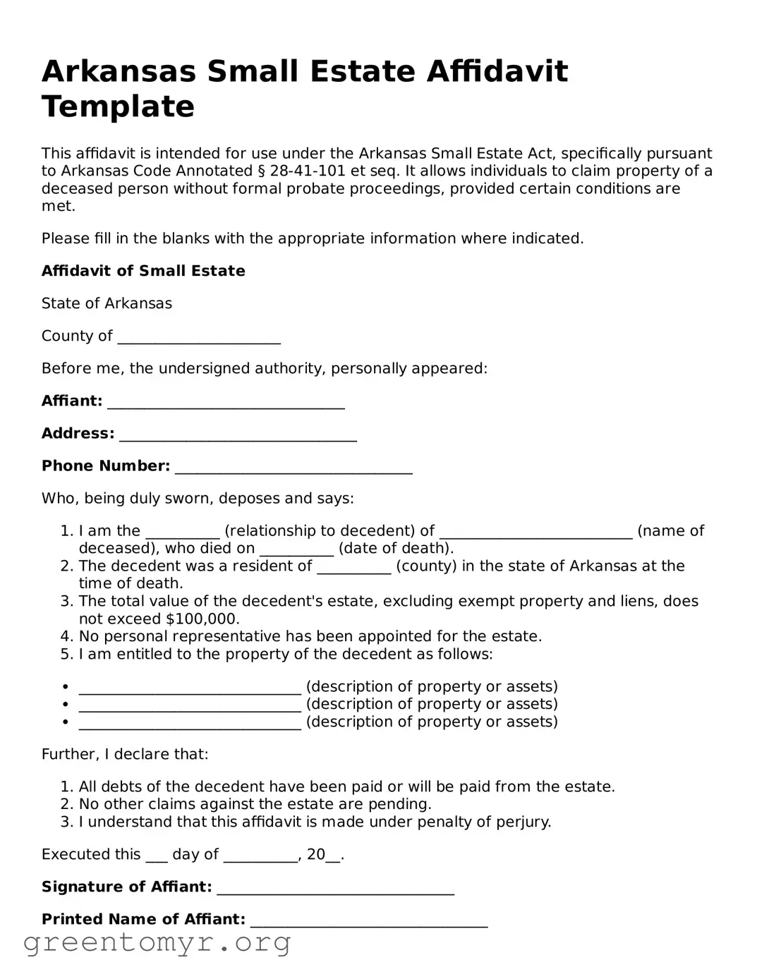 Small Estate Affidavit Form for the State of Arkansas