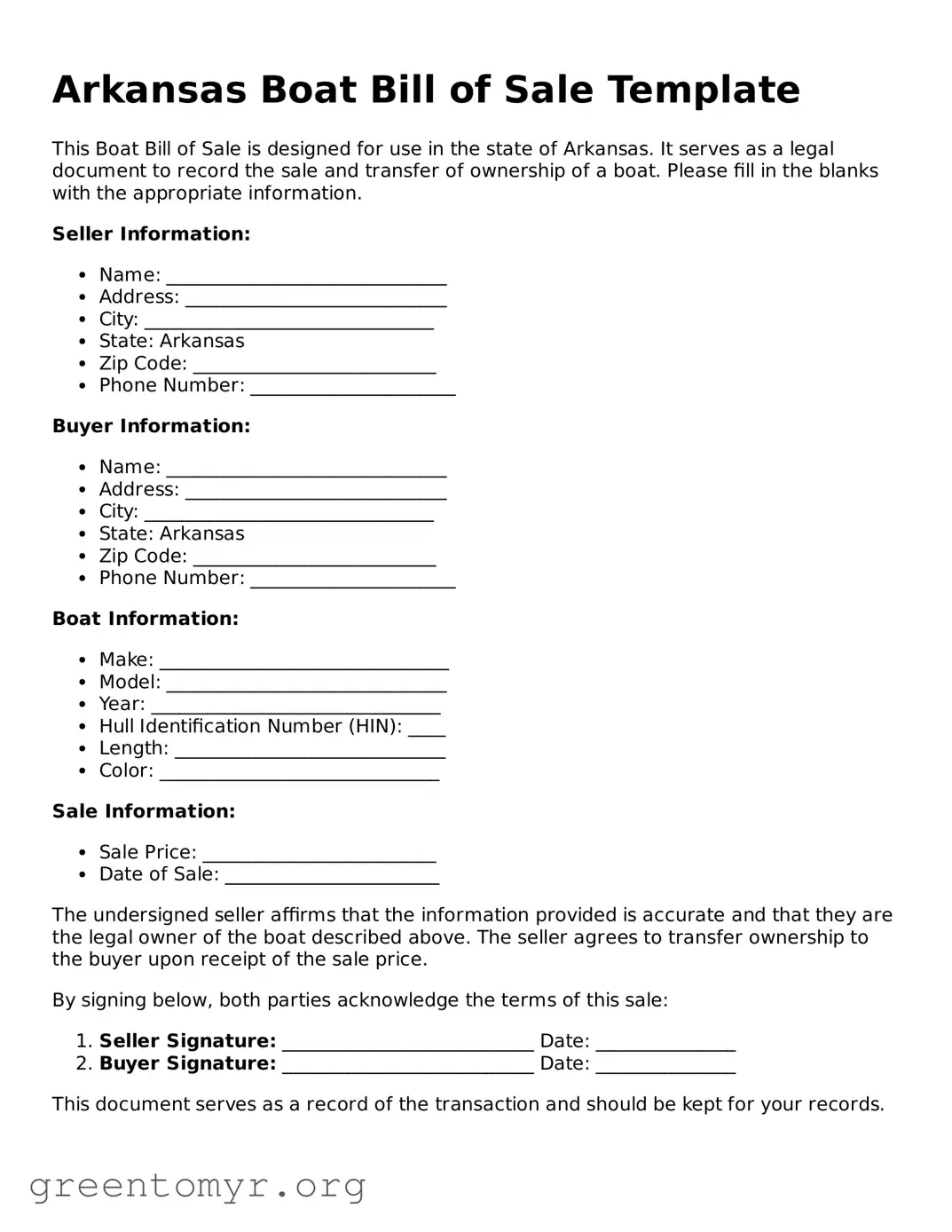Boat Bill of Sale Form for the State of Arkansas