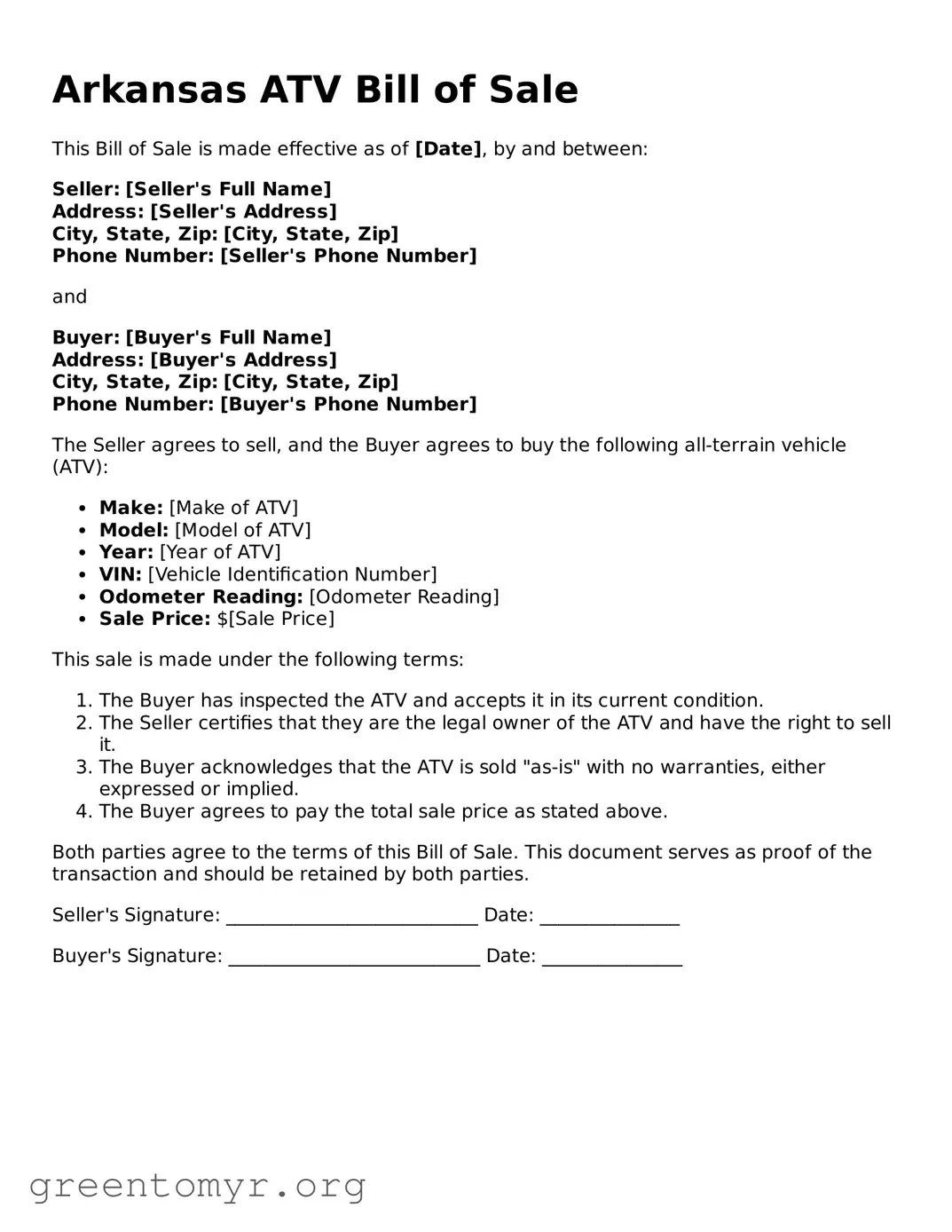 ATV Bill of Sale Form for the State of Arkansas