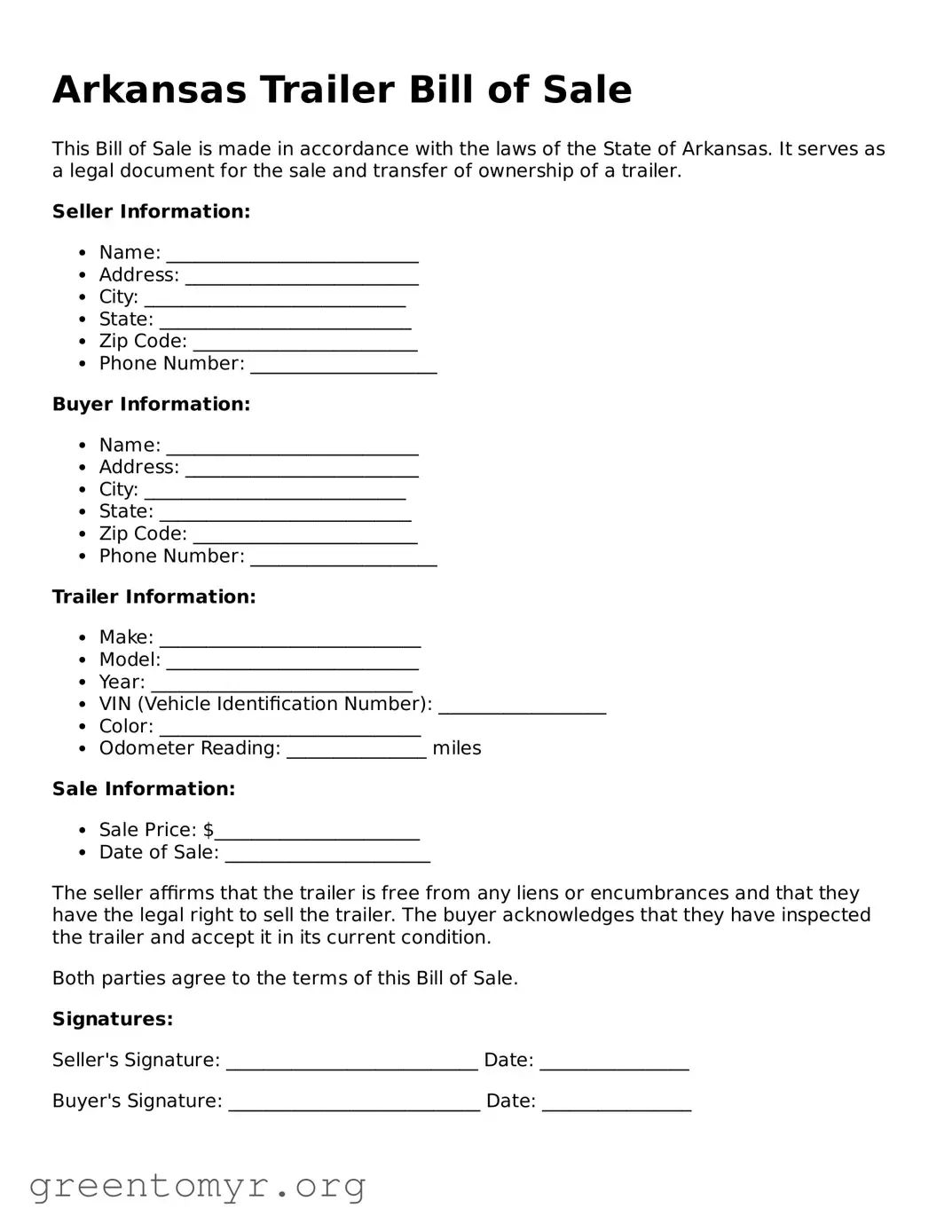 Trailer Bill of Sale Form for the State of Arkansas