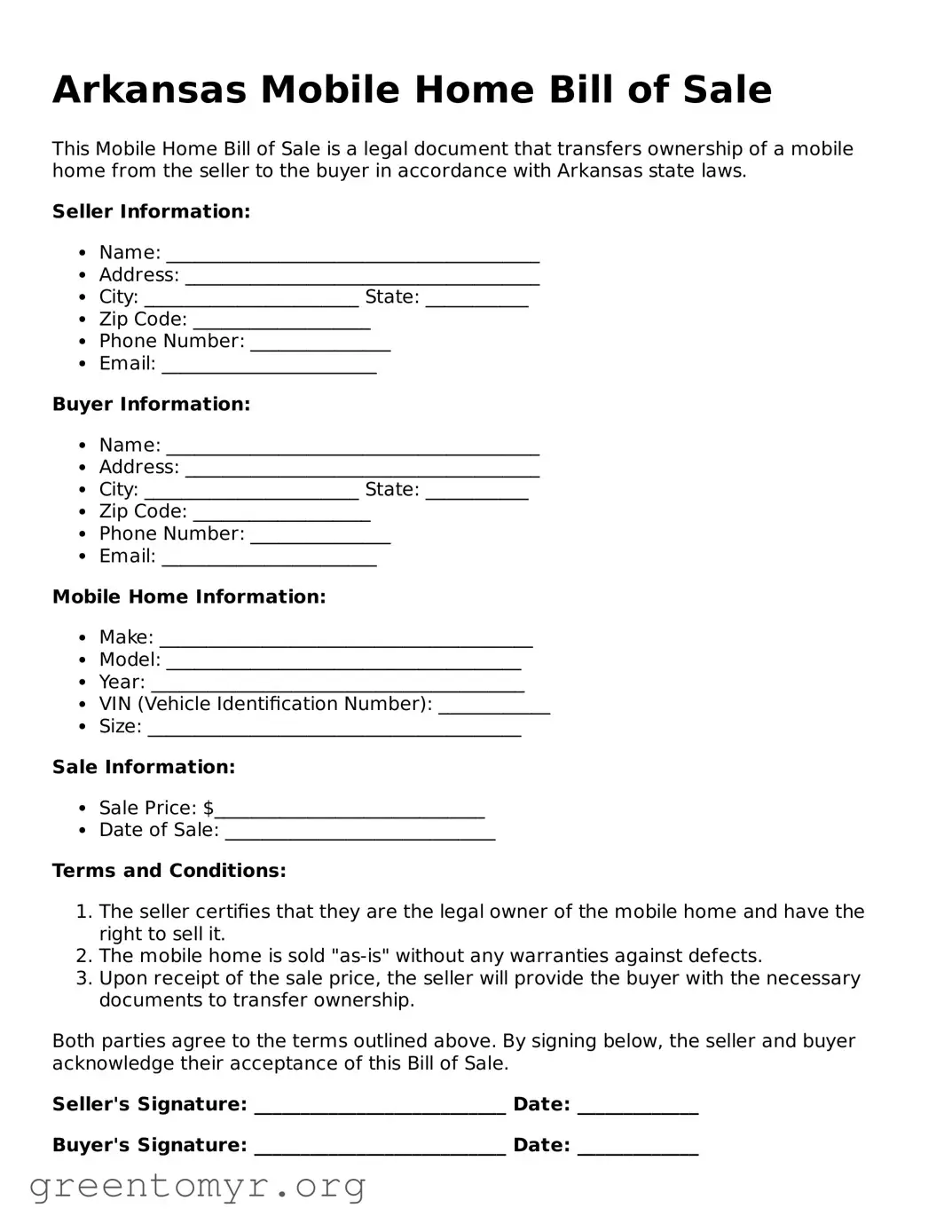 Mobile Home Bill of Sale Form for the State of Arkansas