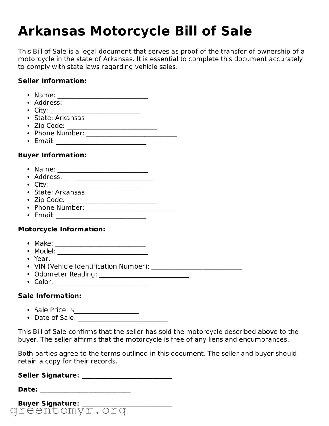 Motorcycle Bill of Sale Form for the State of Arkansas