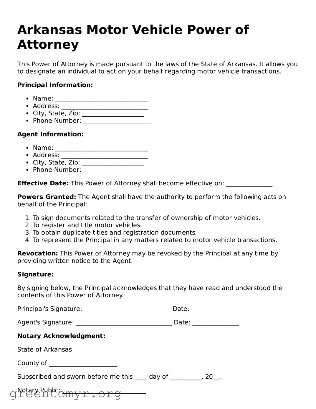 Motor Vehicle Power of Attorney Form for the State of Arkansas