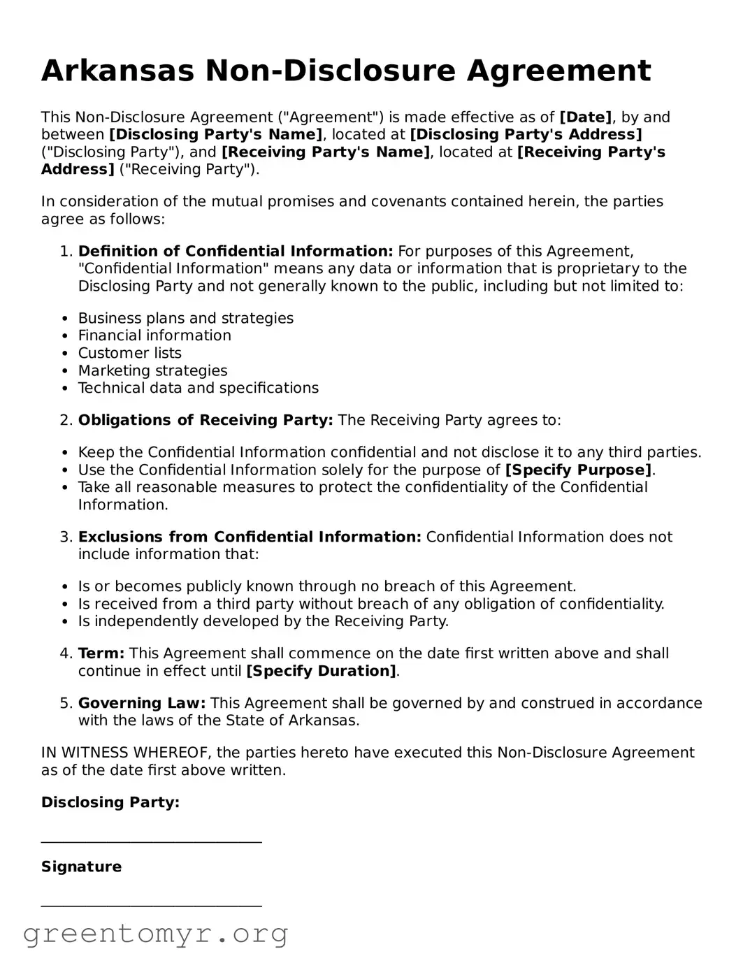 Non-disclosure Agreement Form for the State of Arkansas