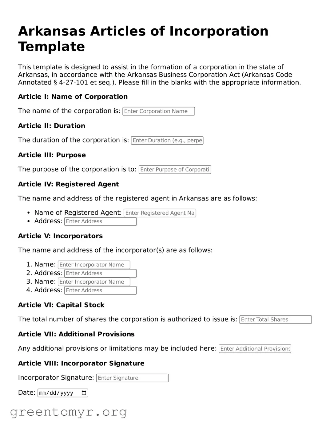 Articles of Incorporation Form for the State of Arkansas