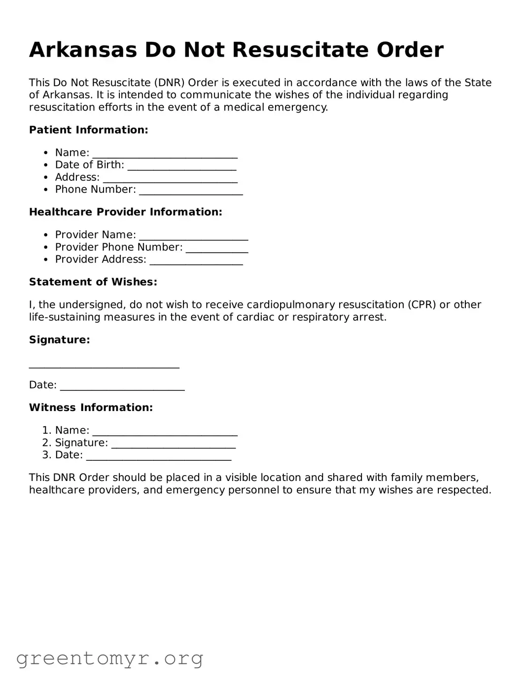 Do Not Resuscitate Order Form for the State of Arkansas