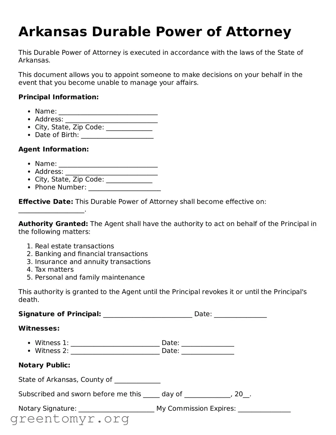 Durable Power of Attorney Form for the State of Arkansas