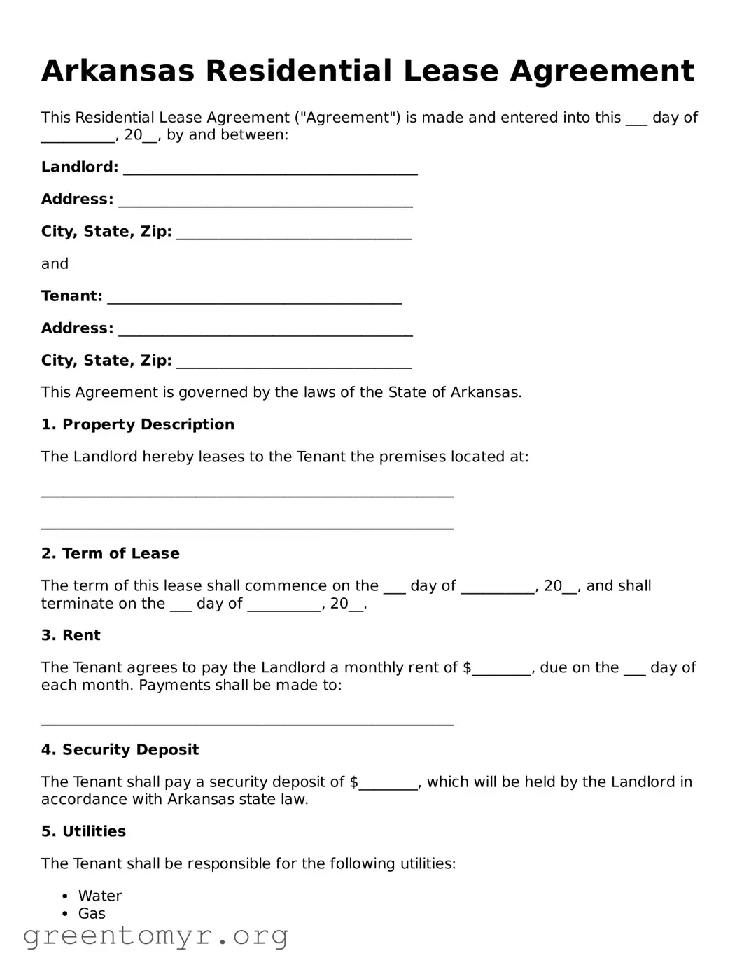 Residential Lease Agreement Form for the State of Arkansas