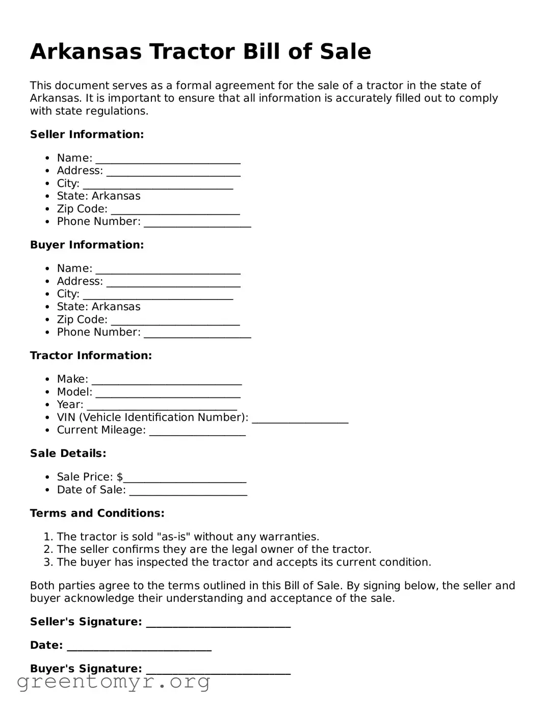 Tractor Bill of Sale Form for the State of Arkansas