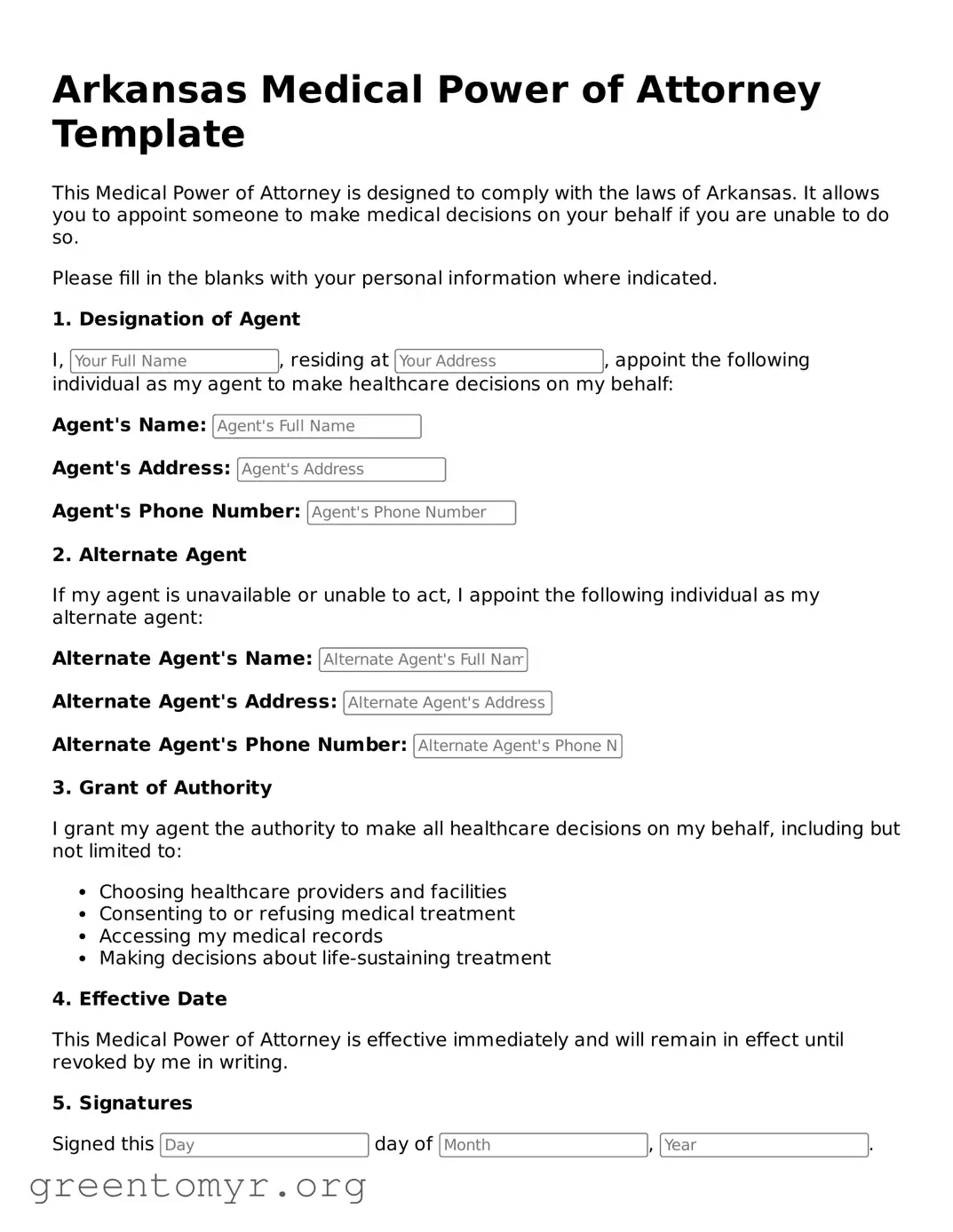Medical Power of Attorney Form for the State of Arkansas
