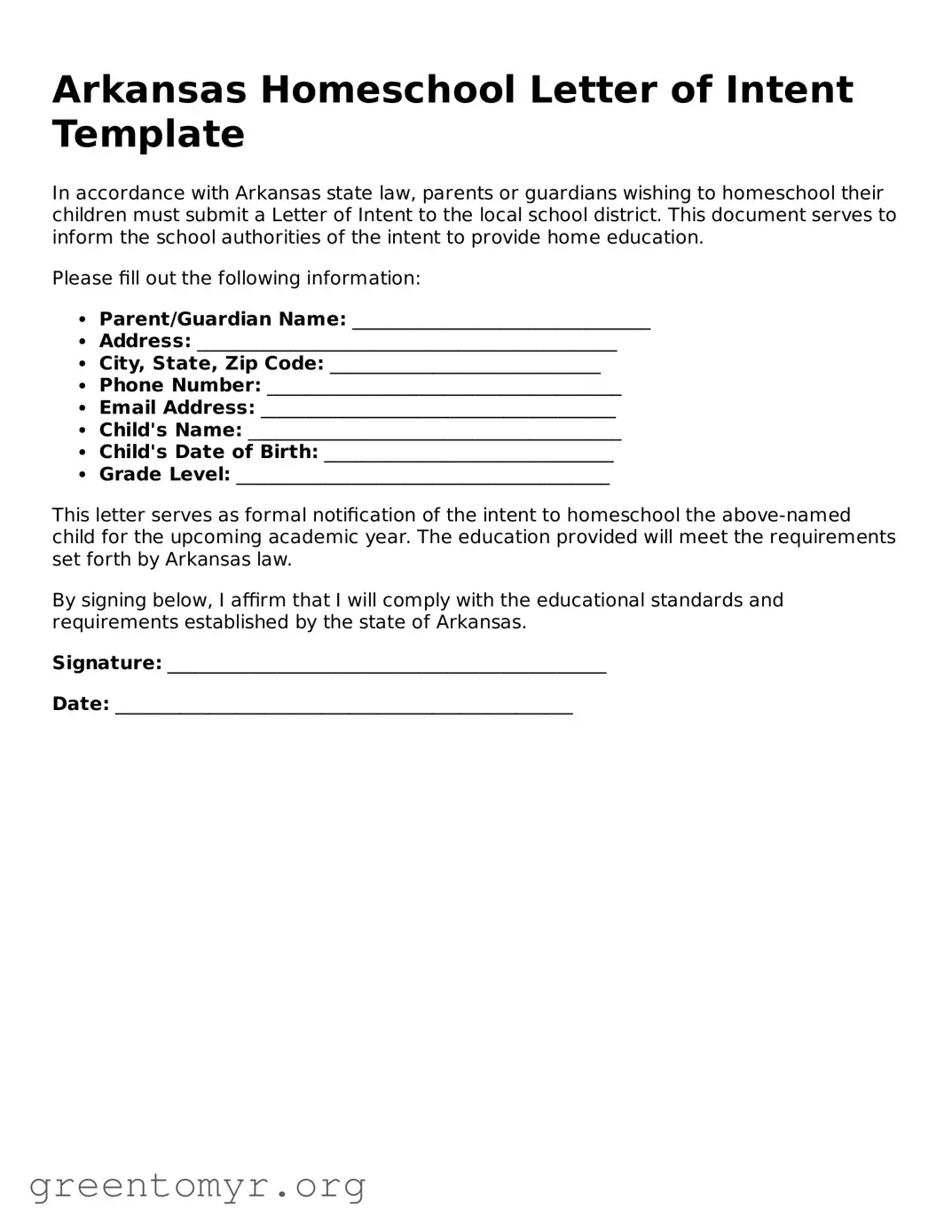 Homeschool Letter of Intent Form for the State of Arkansas