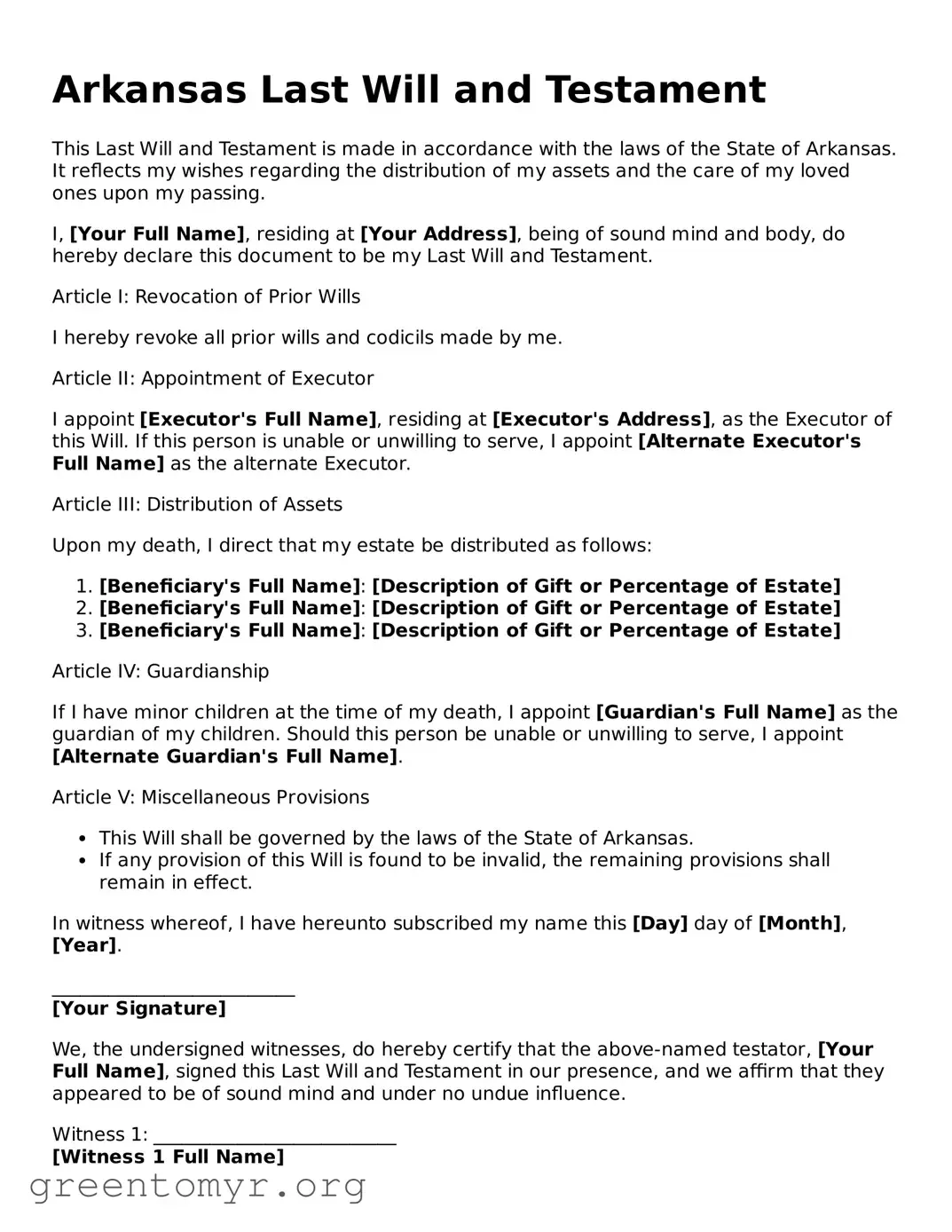 Last Will and Testament Form for the State of Arkansas