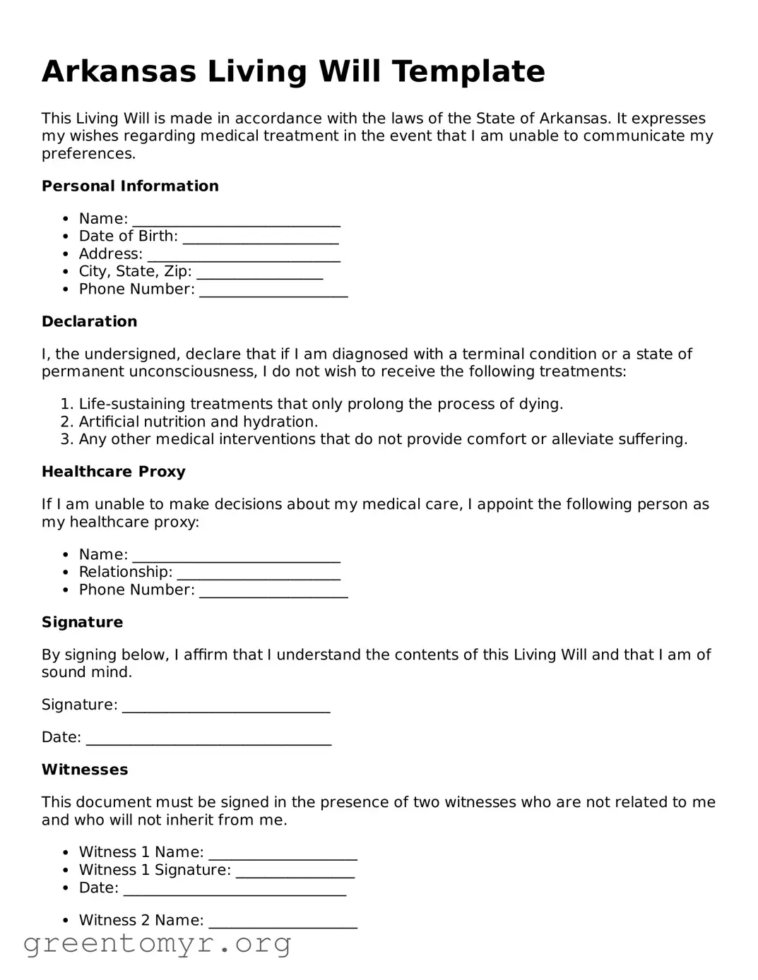 Living Will Form for the State of Arkansas