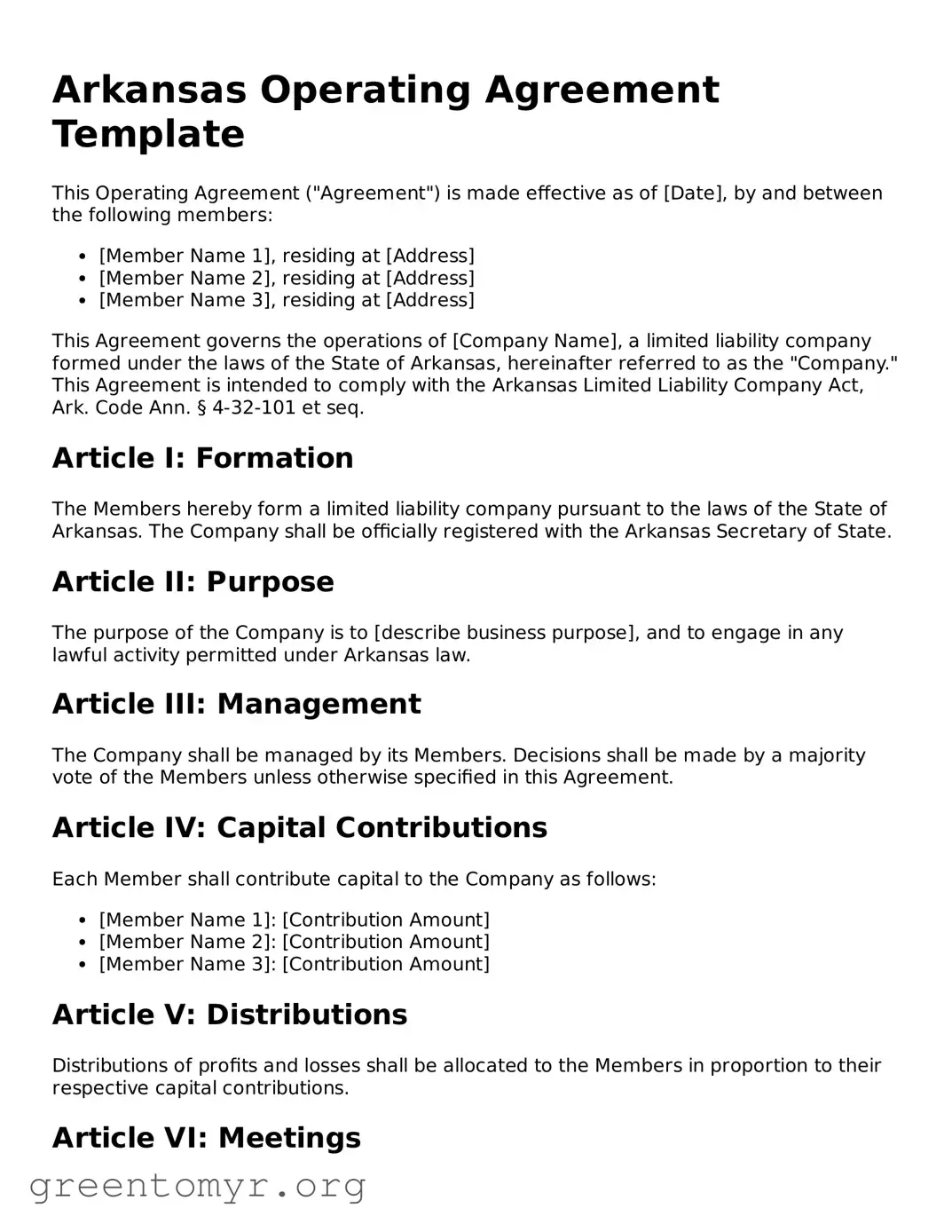 Operating Agreement Form for the State of Arkansas