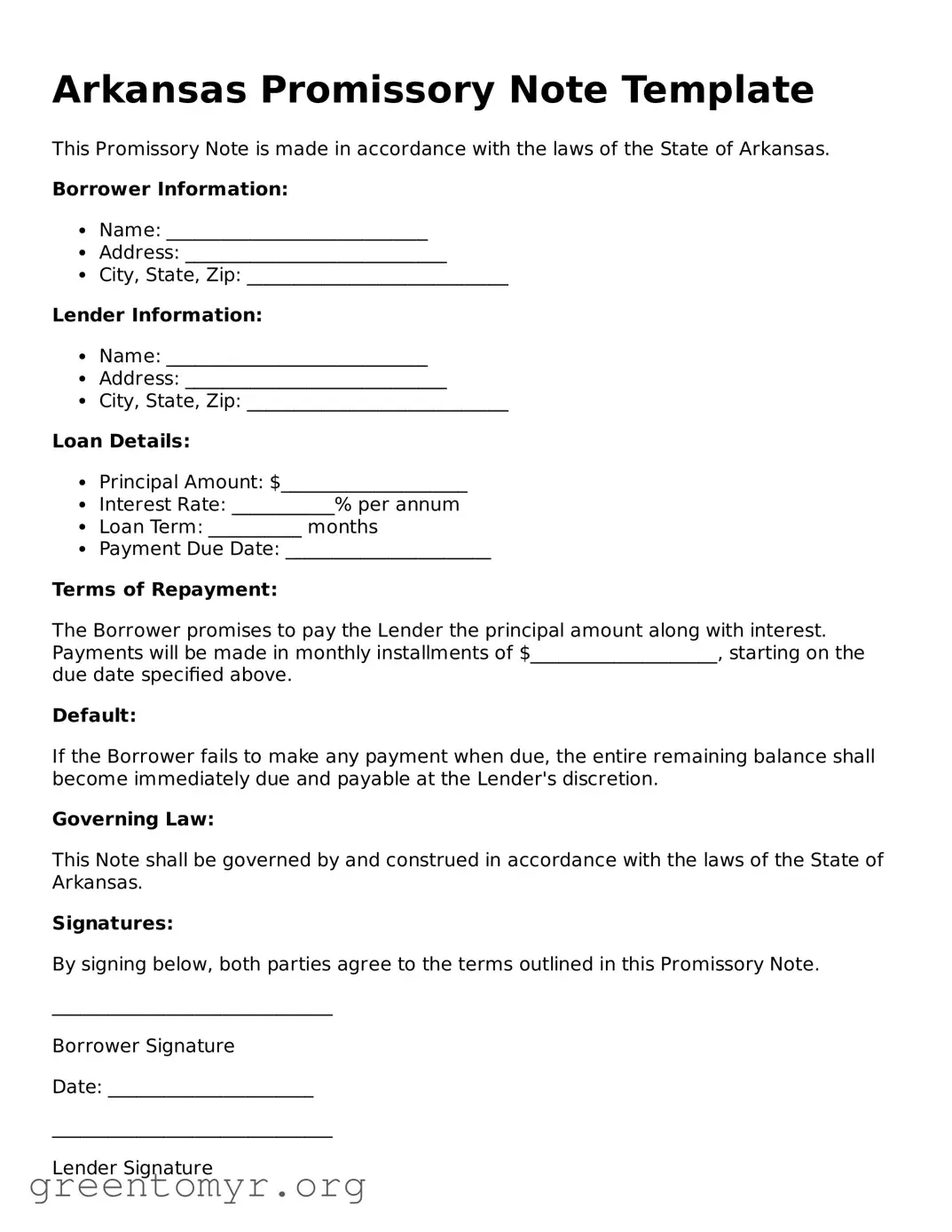 Promissory Note Form for the State of Arkansas