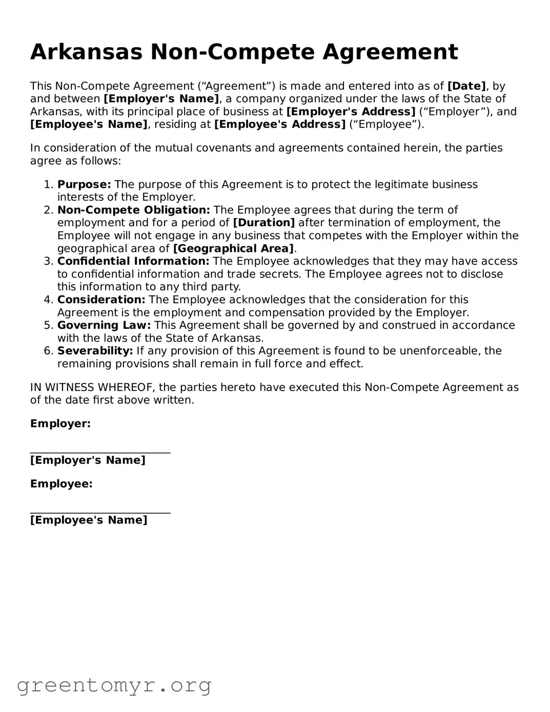 Non-compete Agreement Form for the State of Arkansas