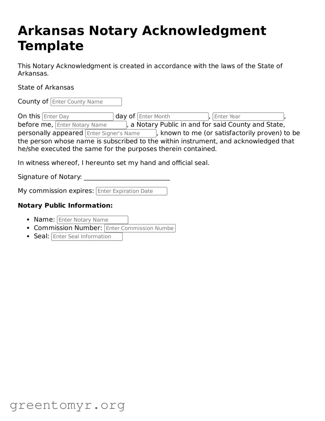 Notary Acknowledgement Form for the State of Arkansas