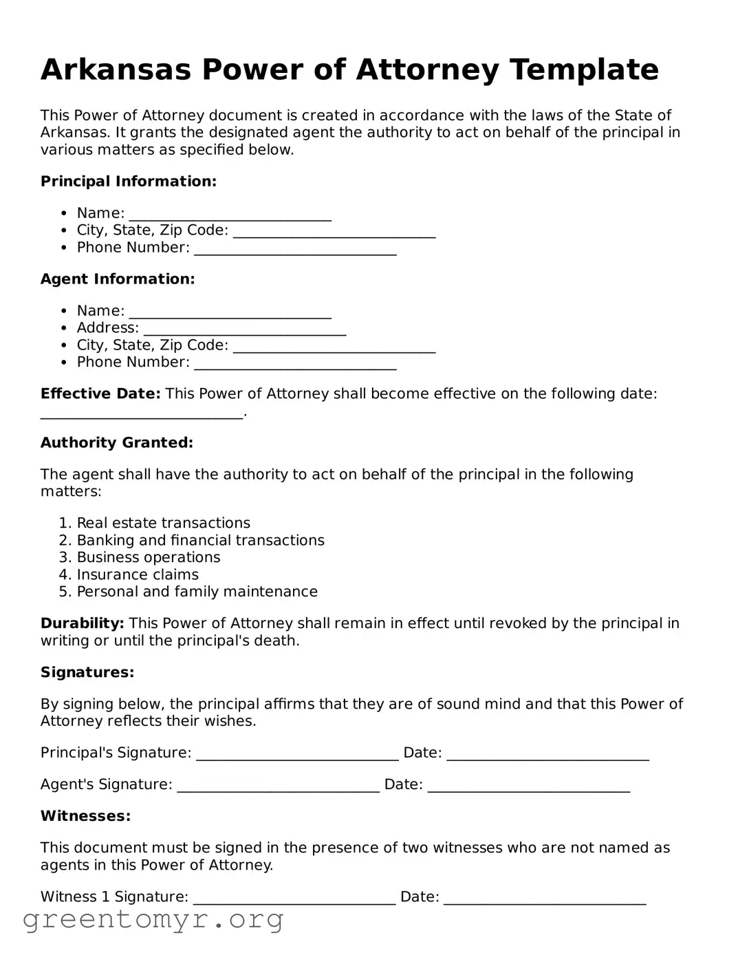 Power of Attorney Form for the State of Arkansas