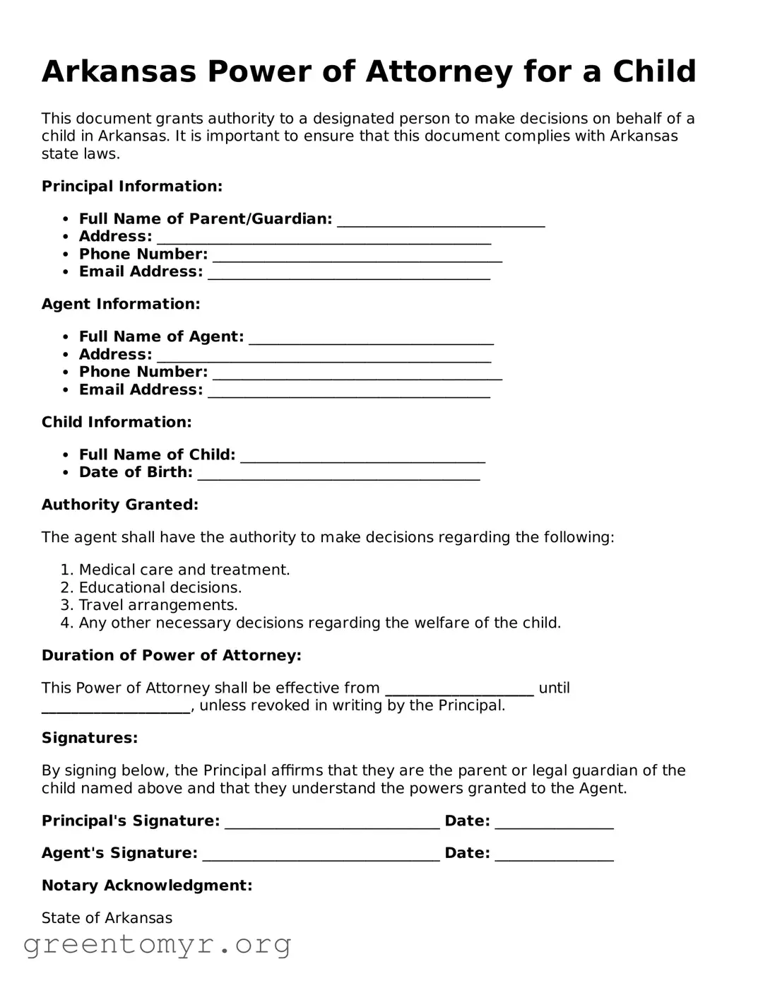 Power of Attorney for a Child Form for the State of Arkansas