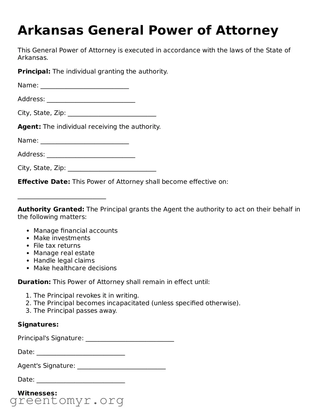 General Power of Attorney Form for the State of Arkansas