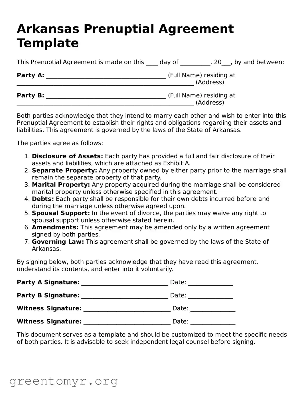 Prenuptial Agreement Form for the State of Arkansas