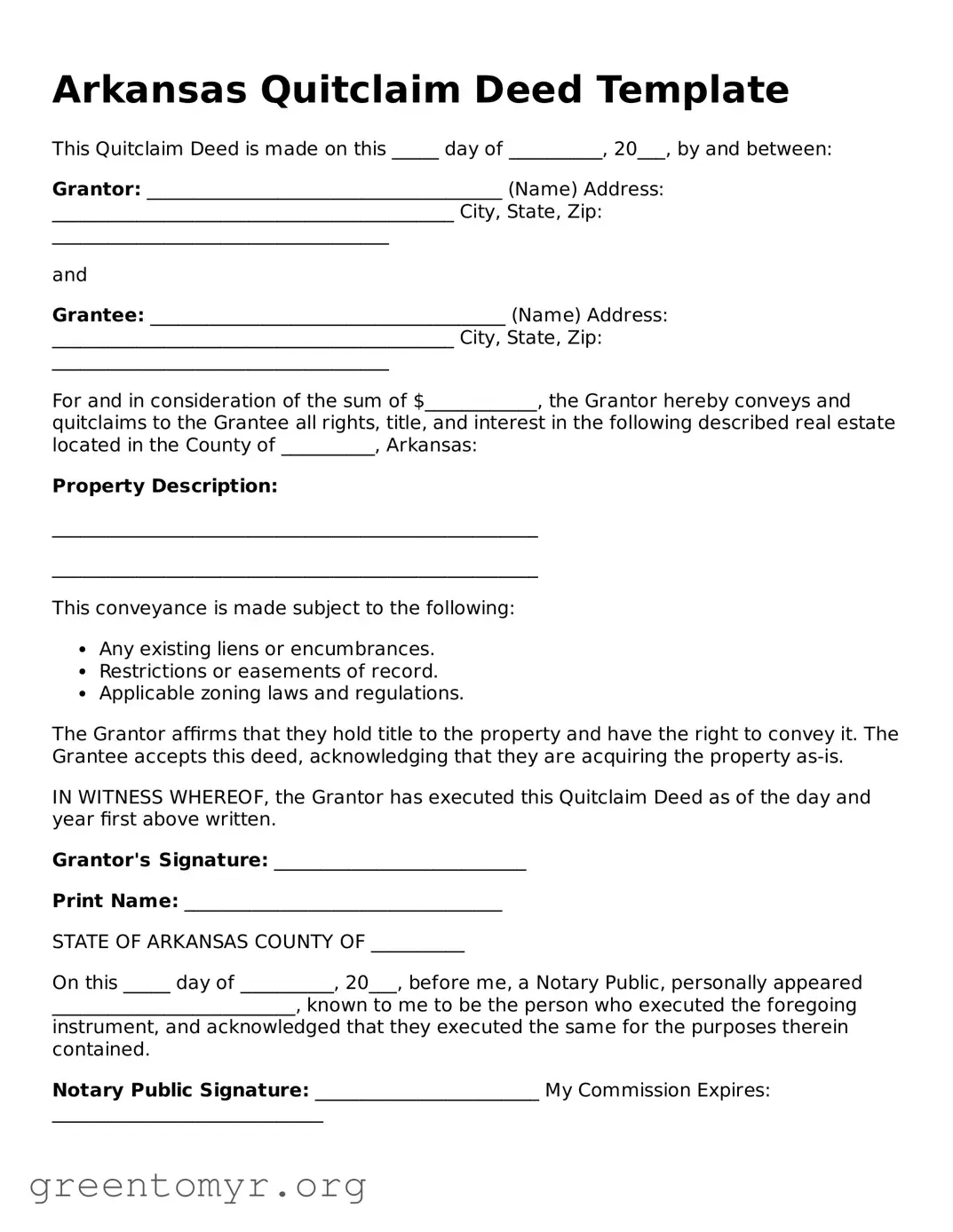 Quitclaim Deed Form for the State of Arkansas