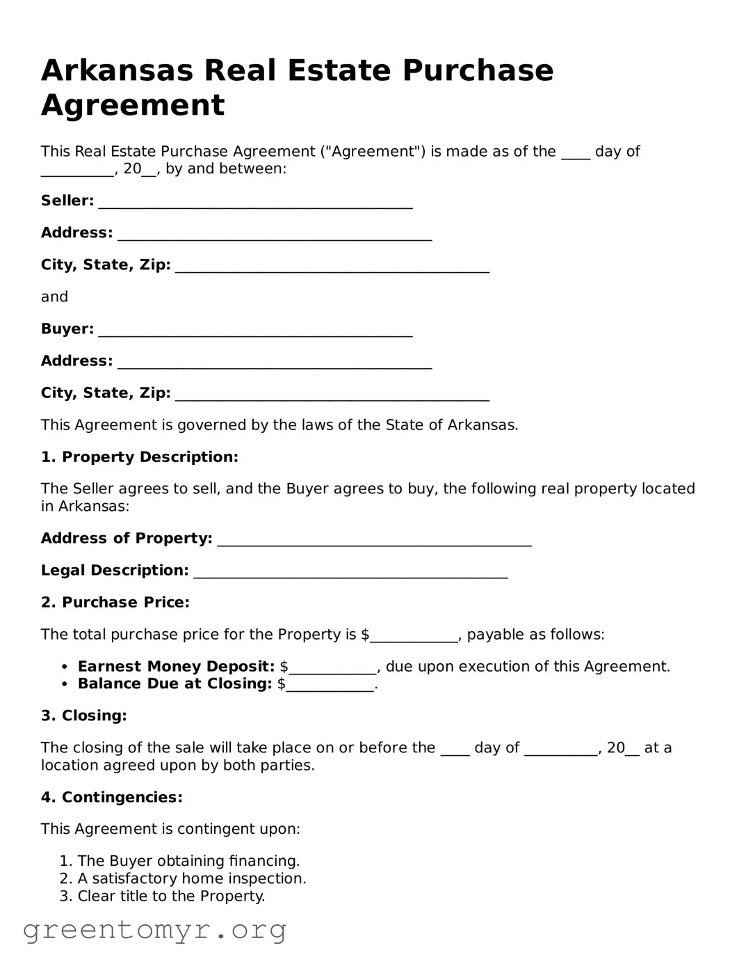 Real Estate Purchase Agreement Form for the State of Arkansas