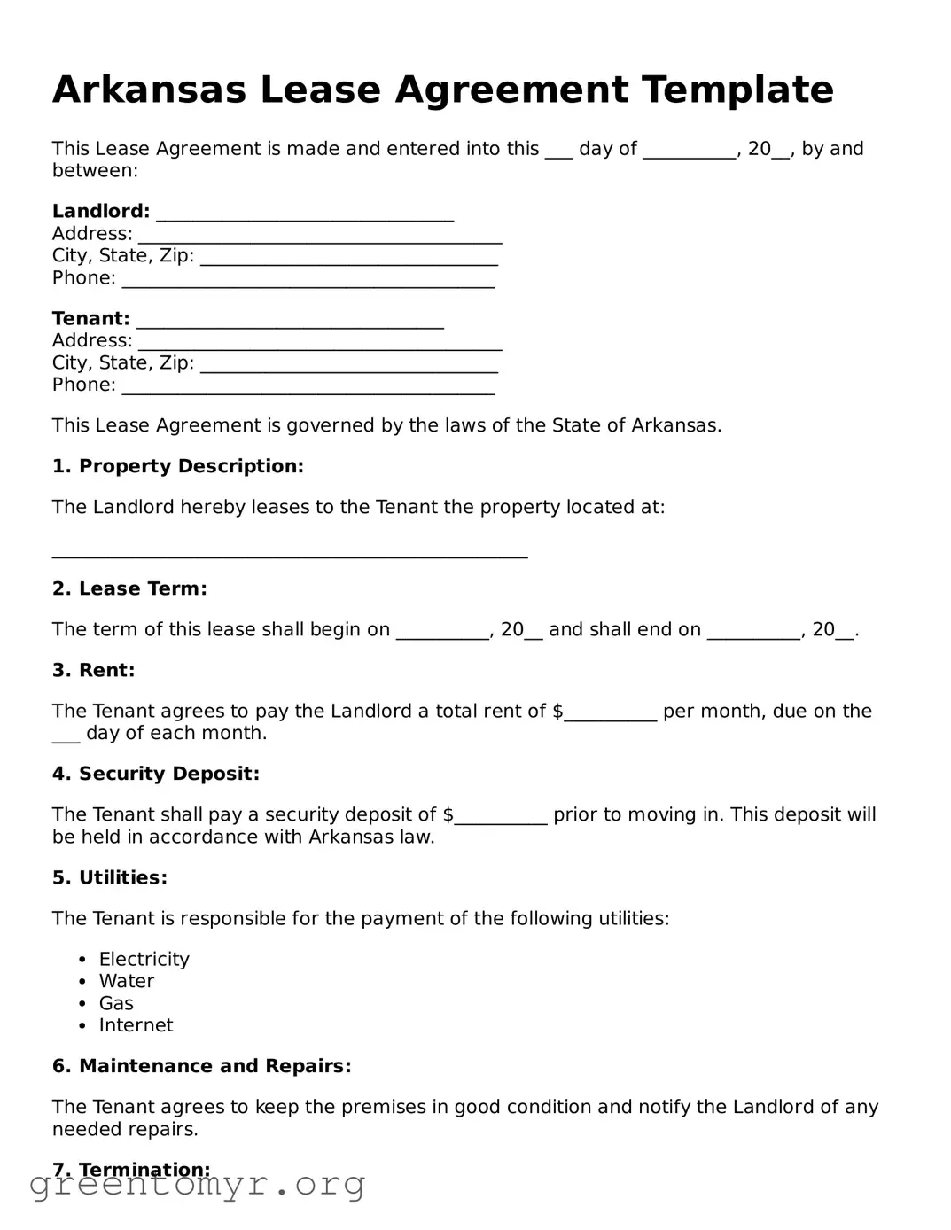 Lease Agreement Form for the State of Arkansas