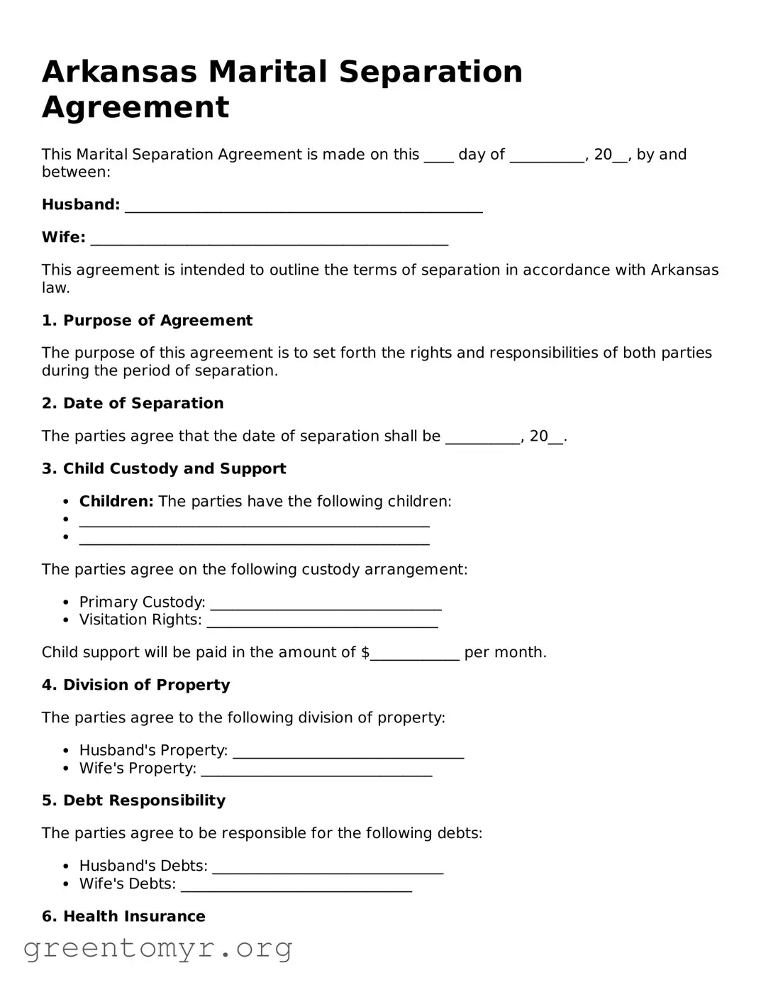 Marital Separation Agreement Form for the State of Arkansas