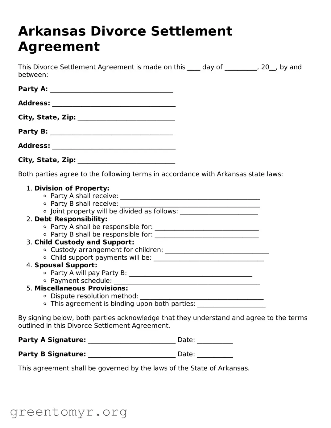 Divorce Settlement Agreement Form for the State of Arkansas