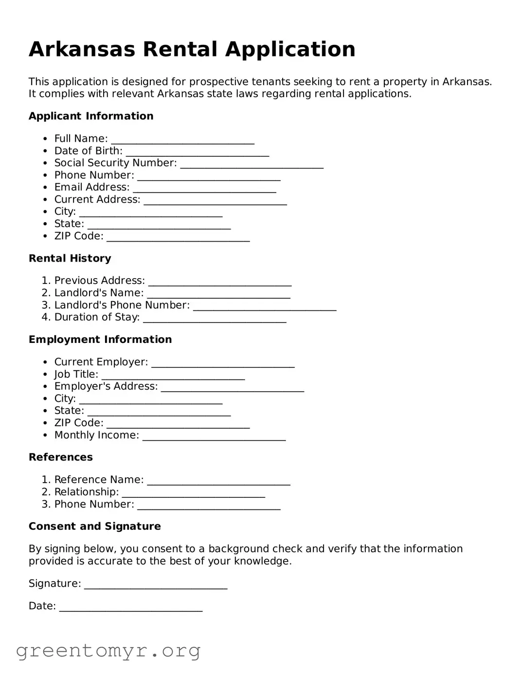 Rental Application Form for the State of Arkansas