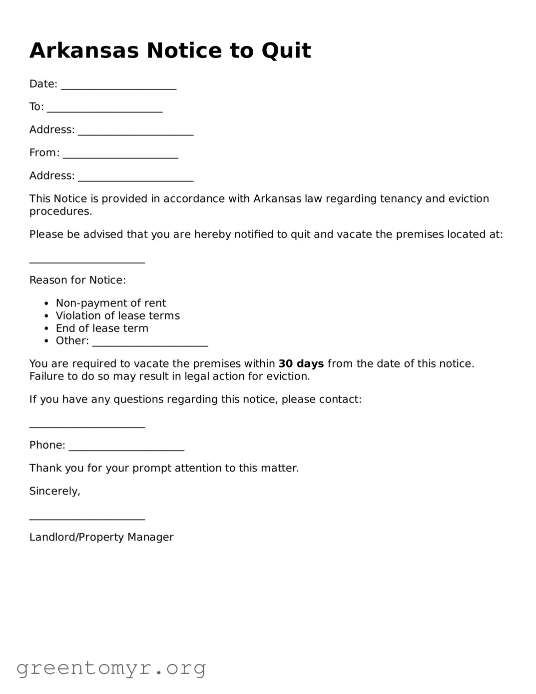 Notice to Quit Form for the State of Arkansas